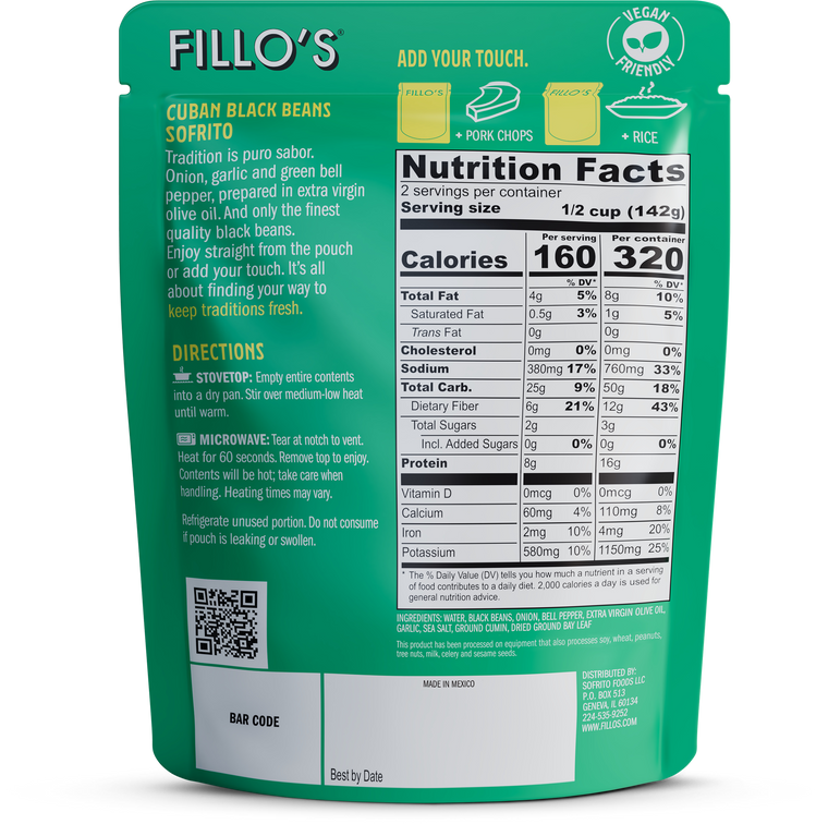 Load image into Gallery viewer, Fillo's Cuban Black Beans Sofrito nutrition facts, ingredients, directions, and story.