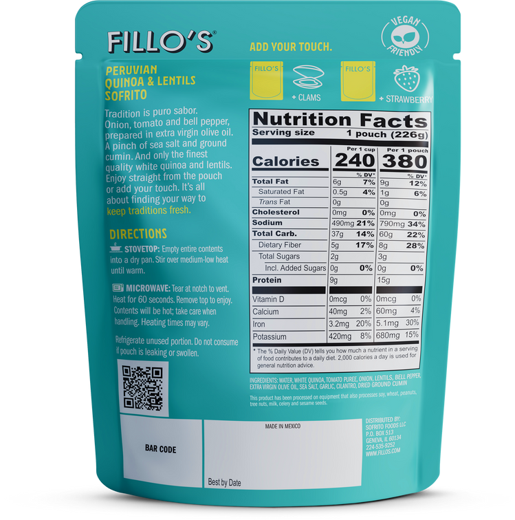 Load image into Gallery viewer, The back of a package of Fillo's Peruvian Quinoa and Lentils Sofrito.