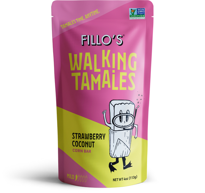 A package of Fillo's Walking Tamales Strawberry Coconut corn bars. 