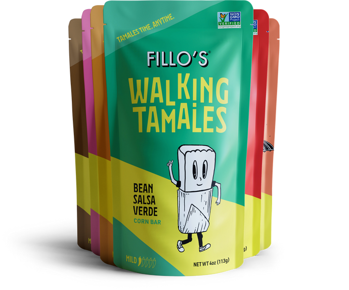 A package of Fillo's Walking Tamales Bean Salsa Verde corn bars. 