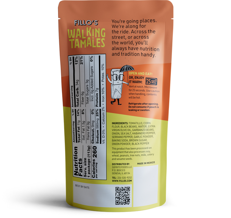 Load image into Gallery viewer, Fillo&#39;s Walking Tamales Bean Salsa Habanero corn bars nutrition facts, ingredients, and story. 
