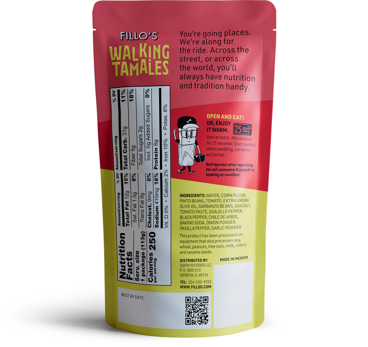Load image into Gallery viewer, Fillo&#39;s Walking Tamales Bean Salsa Roja corn bars. nutrition  facts, ingredients, and story. 
