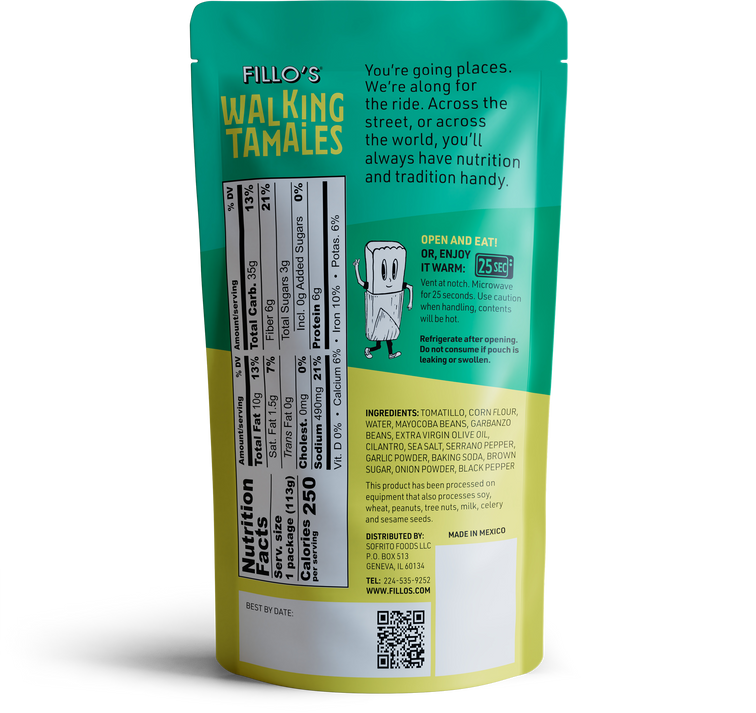 Load image into Gallery viewer, Fillo&#39;s Walking Tamales Bean Salsa Verda corn bars nutrition facts, ingredients, and story. 
