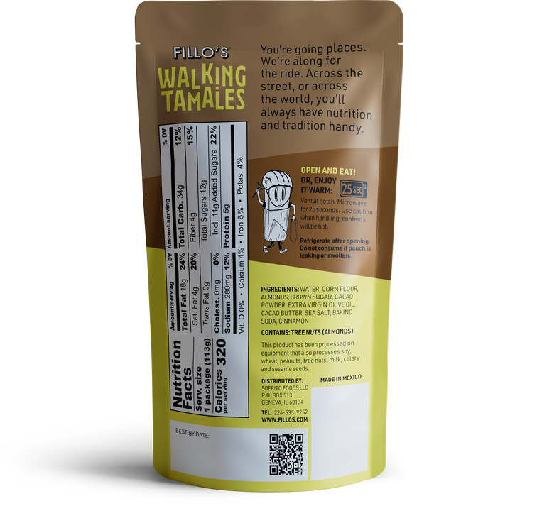 Load image into Gallery viewer, The back of the Fillo&#39;s Walking Tamales Mexican Chocolate Almond packaging.  
