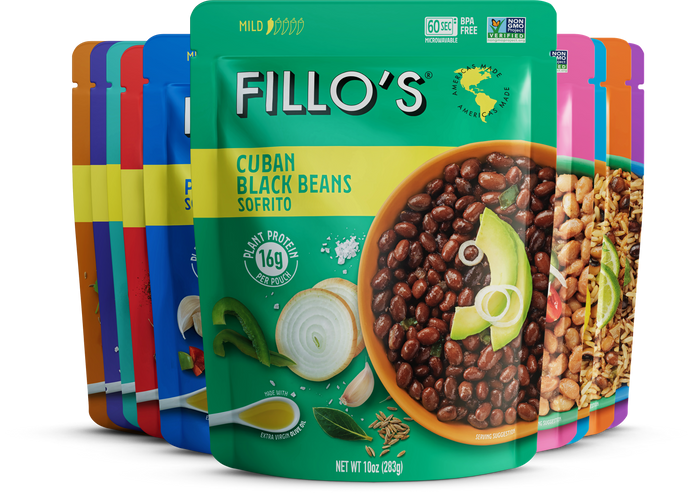 An assortment of Fillo's packages including Cuban Black Beans Sofrito. 