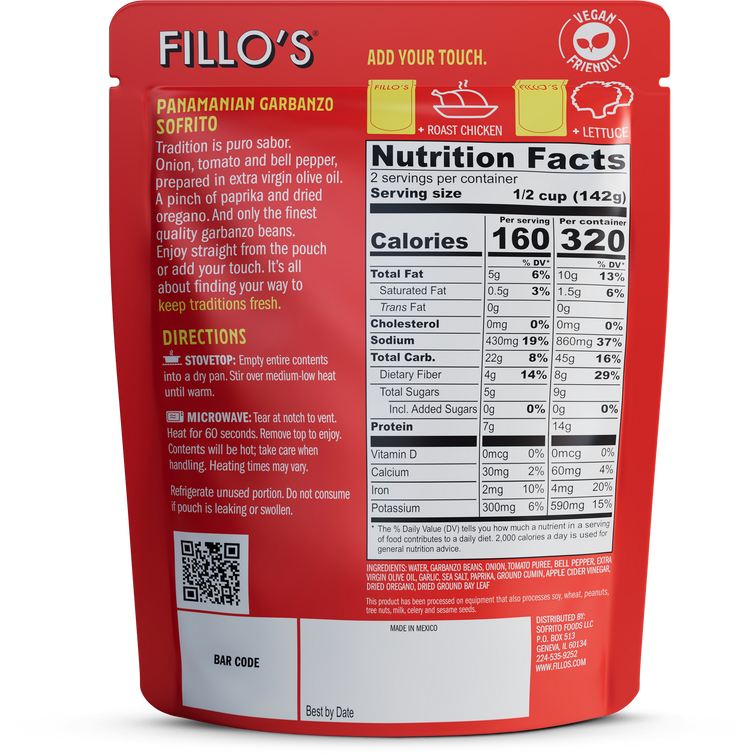 Load image into Gallery viewer, Back of a package of Fillo&#39;s Panamanian Garbanzo Sofrito including nutrition facts, ingredients, and cooking directions. . 
