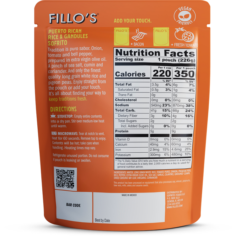 Load image into Gallery viewer, The back label  of a package of Fillo&#39;s Puerto Rican Rice &amp; Gandules Sofrito nutrition facts, ingredients, and cooking directions.
