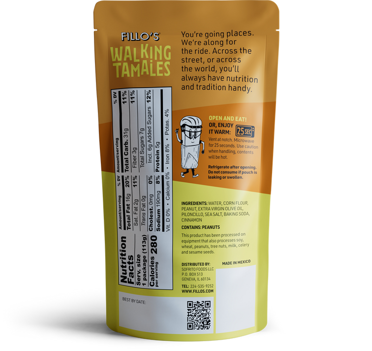 Load image into Gallery viewer, The back of a package of FIllo&#39;s Walking Tamales Peanut Butter Piloncillo corn bars. 
