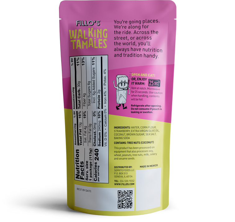 Load image into Gallery viewer, The back of a package of Fillo&#39;s Walking Tamales Strawberry Coconut corn bars nutrition facts and ingredients. 
