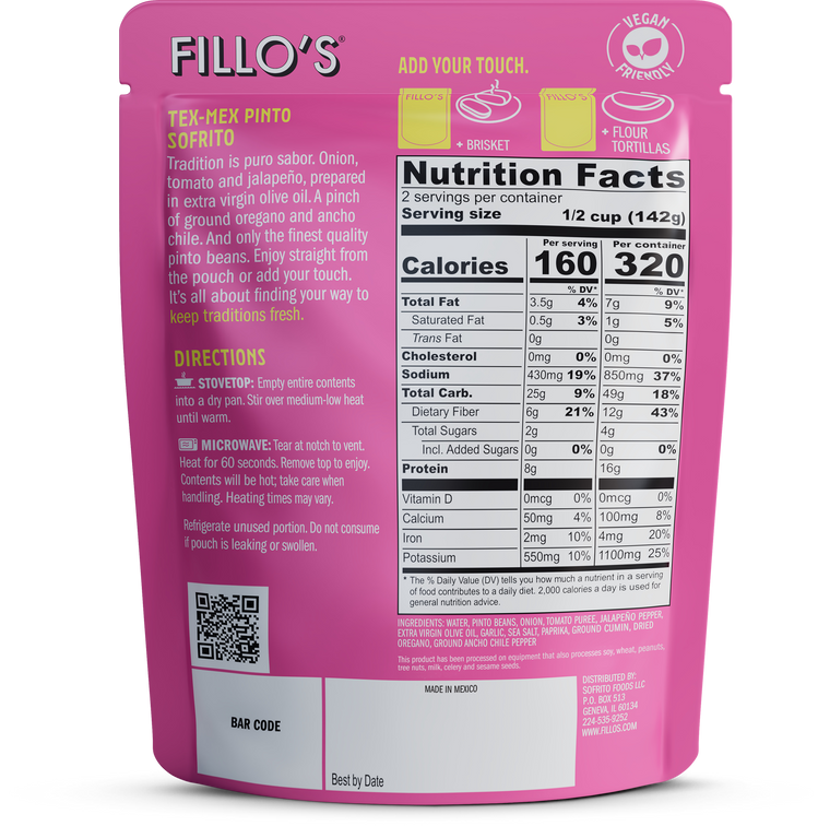 Load image into Gallery viewer, The back of a package of Fillo&#39;s Tex-Mex Pinto Sofrito including nutrition facts, cooking directions, and ingredients. 
